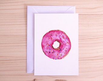 Cartolina con ciambella rosa spruzzata / Illustrazione di dessert / Arte alimentare realistica fatta a mano / A6 / Busta bianca