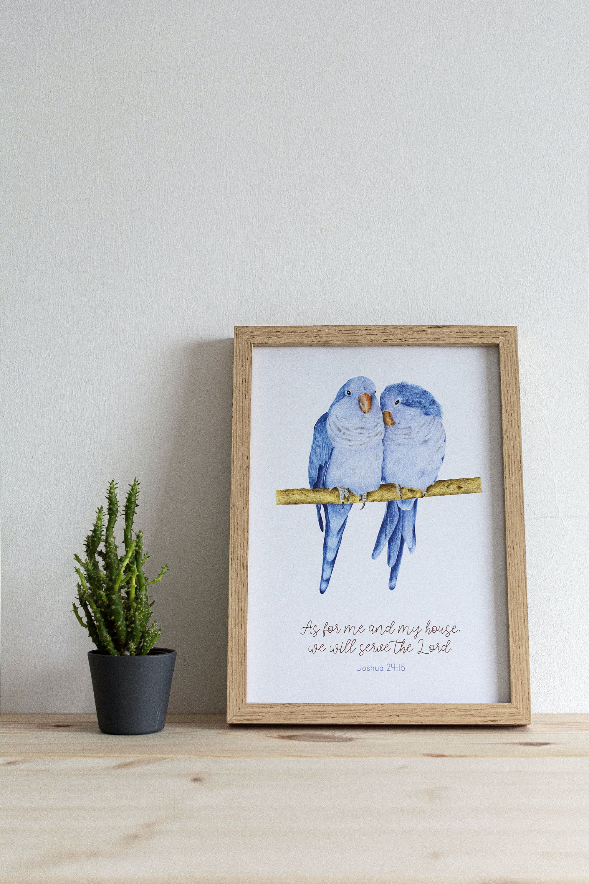 Joshua 24:15 Bible Verse Art Print | Budgerigars Birds Illustration | Handmade Realistic Decor | A4 | Unframed