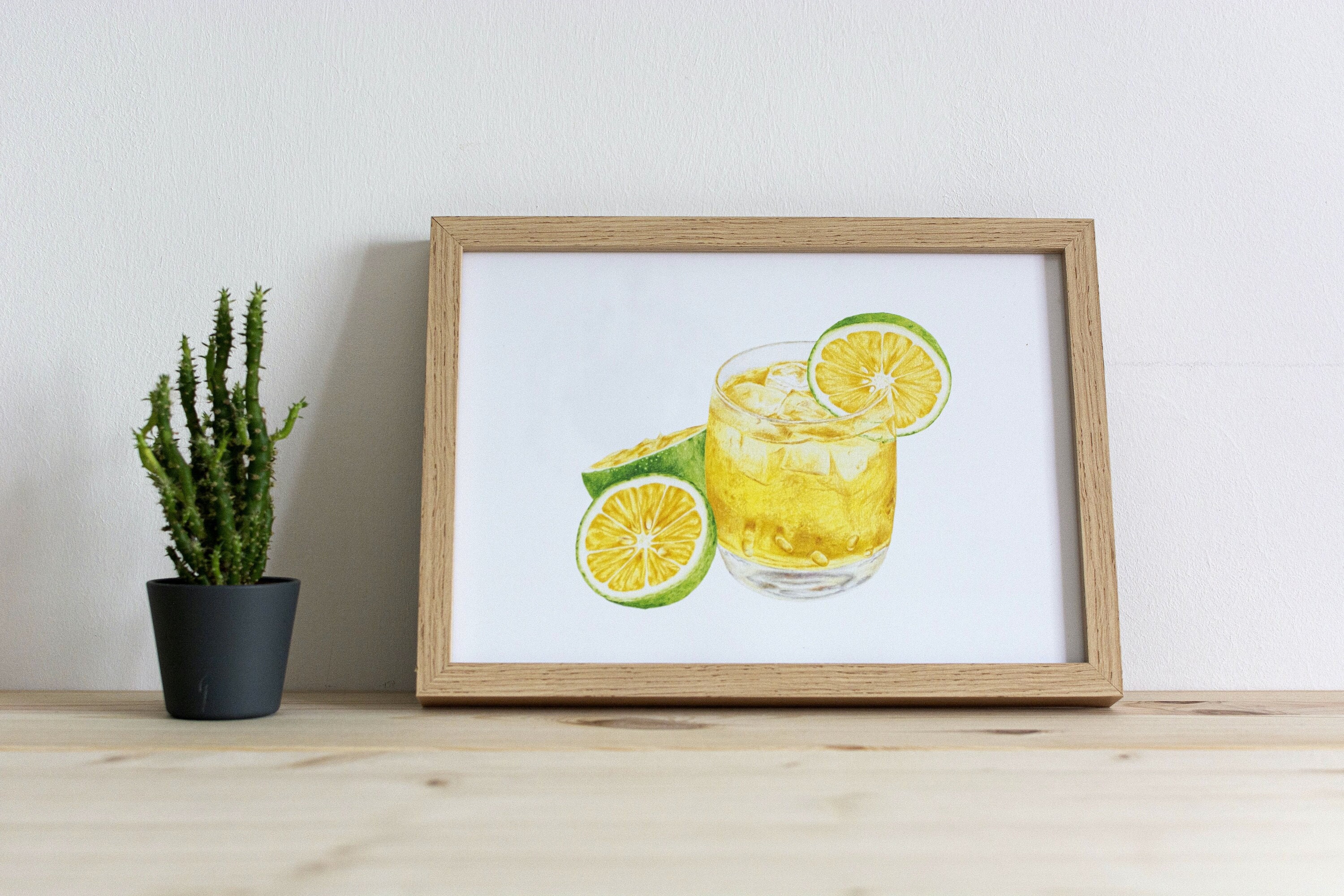 Cocktail Art Print | Lime Drink Illustration | Handmade Realistic Bar Decor | A4 | Unframed