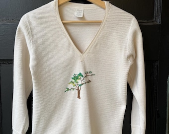 Camisa térmica vintage de algodón con cuello en V de Heming Apparel. Fabricada en EE. UU. Talla M.