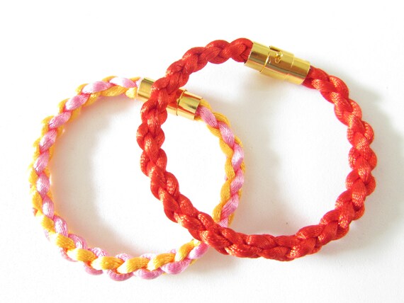 Red Pink Yellow Good Luck Bracelet Four Strand Round Braid Bracelet With Gold Clasps
