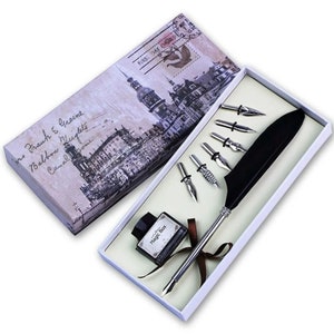 Black Quill Pen Set, Goose Feather Quill Pen with 6 Different Shaped Nibs and Empty Ink Jar-Christmas Gift