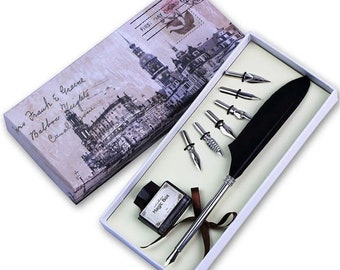 Black Goose Feather Quill Pen Set, 6 Nibs, Empty Ink Jar