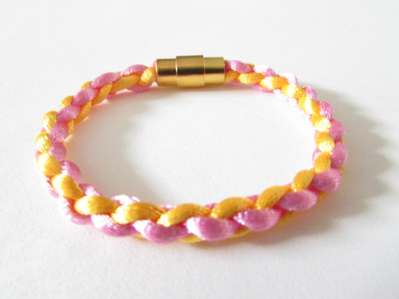 Red Pink Yellow Good Luck Bracelet Four Strand Round Braid Bracelet With Gold Clasps