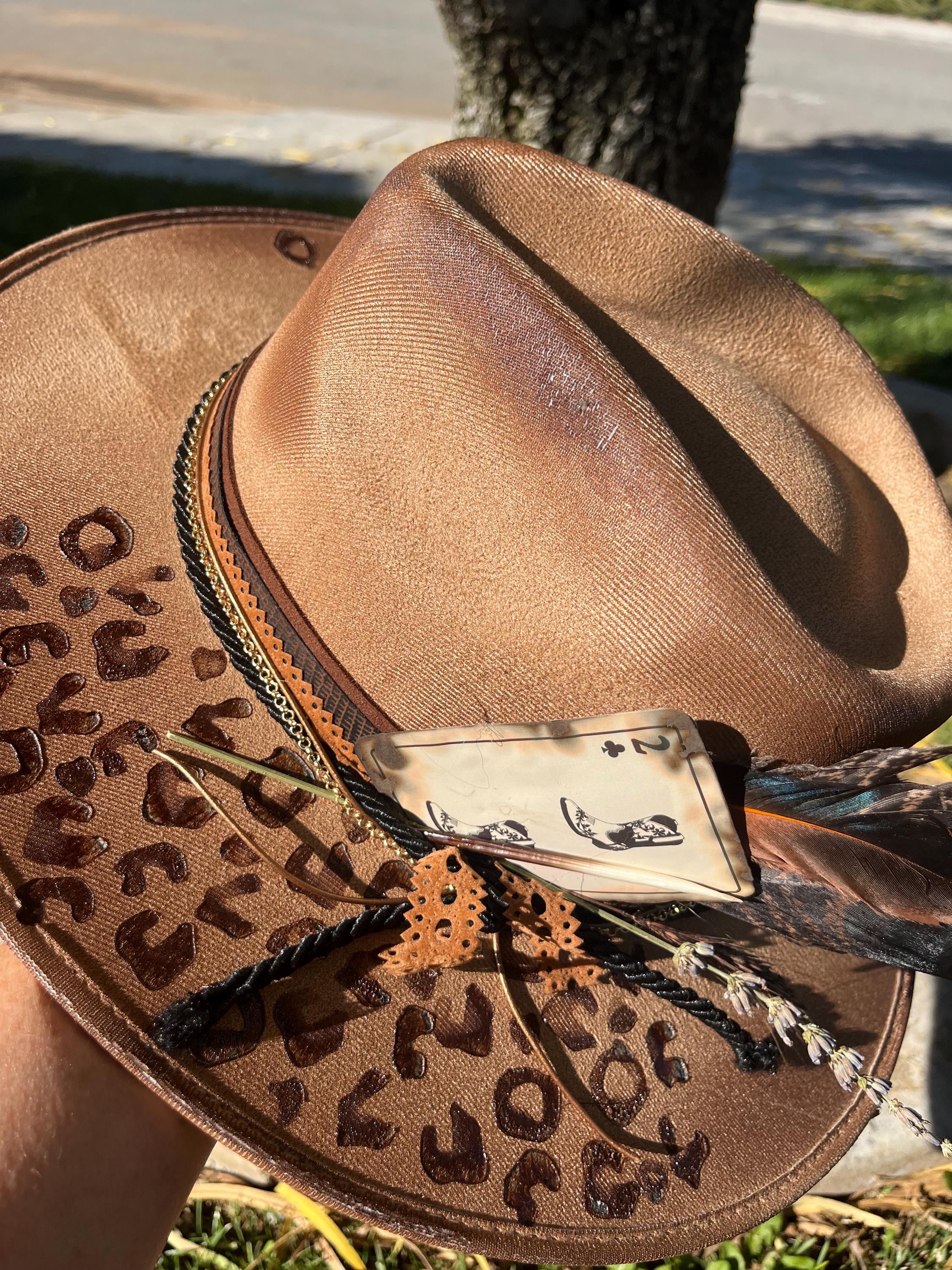 Leopard Gold Leaf Wood Burned Hat ?Wild Western ?? Hand-burned leopard print and custom  main image 3