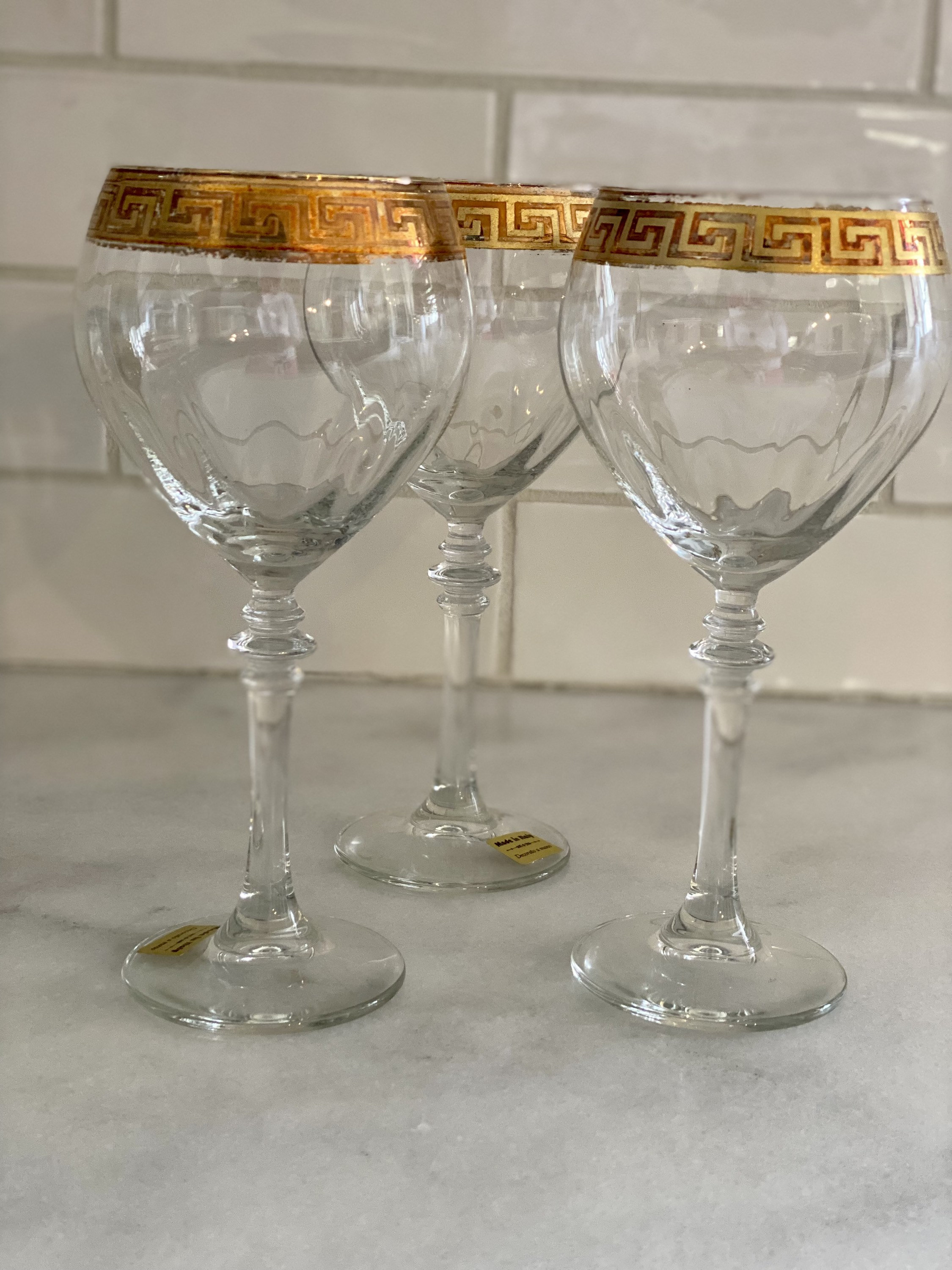 Silver Rimmed Wine Goblets, Set of 8 Lead Crystal Greek Key Design Wine  Goblets, Swirl Glass Pattern, Crystal Barware Gift