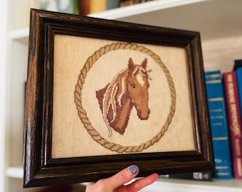 Vintage Framed Horse Cross Stitch – Brown Needlepoint Horse Art