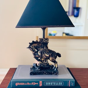 Vintage Black Gold Horse Lamp with Original Shade – Rare Statement Piece