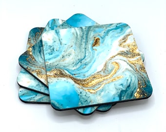 Coaster Set | Pretty Abstract Blues, Aqua, White, and Gold, Paint Art Strokes Drink Coasters Beautiful Housewarming, Hostess Gift, Fluid Art
