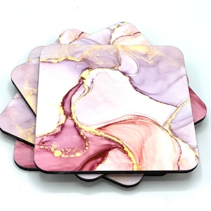 Coaster Set | Pretty Abstract Pinks, Purples, and Gold, Paint Art Strokes Drink Coasters Beautiful Housewarming or Hostess Gift, Fluid Art