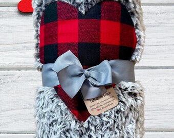 Cozy Red and Black Buffalo Plaid Heart Blanket | Sherpa Blanket, Valentine’s Gift. Gift for hospital, infusions, therapy, or treatment.
