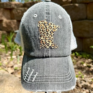 Leopard Print MN Women&#39;s Trucker Hat | Minnesota, MN Gift, Baseball Cap, Cabin, Birthday Gift, Distressed Hat, Minnesota Apparel