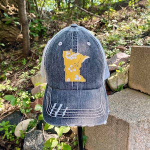 Gold MN Women&#39;s Trucker Hat | Minnesota, MN Applique, Baseball Cap, Floral, MN Gift, Cabin, Birthday Gift, Distressed Hat, Minnesota Apparel