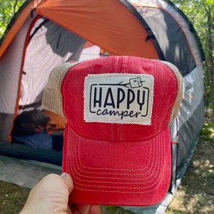 Happy Camper Hat | Smores, Patch Hat, Red, Camping, Camp Hat, Camping ...