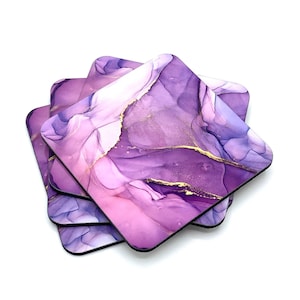 Coaster Set | Pretty Abstract Purples, Purples and Gold Paint Art Strokes Drink Coasters Beautiful Housewarming or Hostess Gift, Fluid Art