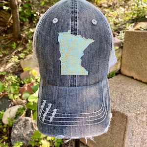 Distressed MN Trucker Hat - Mint Color with Champagne Gold Dots | Minnesota, Trucker Hat, Gifts for Her, MN Gift, Cabin, Birthday Gift