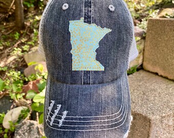 Distressed MN Trucker Hat - Mint Color with Champagne Gold Dots | Minnesota, Trucker Hat, Gifts for Her, MN Gift, Cabin, Birthday Gift