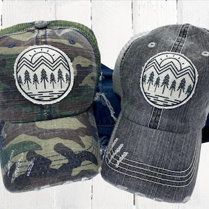 Mountain Tree Sun Circle | Outdoors Hat, Camping, Hiking, Mountains, Minnesota Hat, Distressed Hat, Trucker Hat, Trucker Cap, Baseball Cap