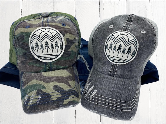 Mountain Tree Sun Circle | Outdoors Hat, Camping, Hiking, Mountains, Minnesota Hat, Distressed Hat, Trucker Hat, Trucker Cap, Baseball Cap