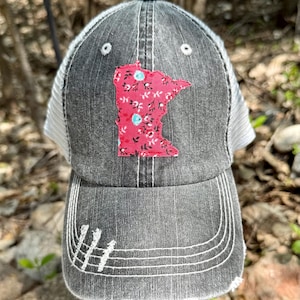 MN Hat | Minnesota, Trucker Hat, Trucker Cap, MN Applique, Baseball Cap, Floral, State, MN Gift, Cabin, Birthday Gift, Distressed Hat