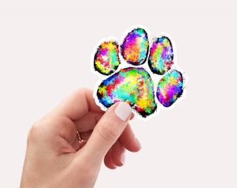 Rainbow Paw Print Water Bottle sticker | Dog Mom, Paint Splatter Effect, Bright, Dog, Water Bottle Decal, Laptop sticker, waterproof