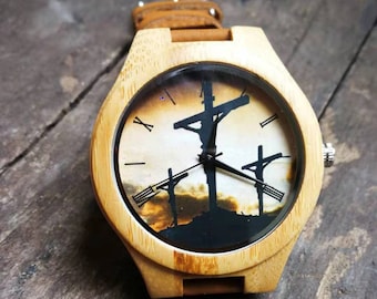 Christian Watch, Heilig Kruis, Kruishorloge, Unisex, Heren- en Dameshorloge, Hout, Houten Horloge, Gepersonaliseerd Cadeau voor Kerstmis en Verjaardag