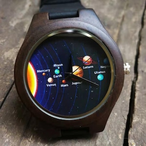 Il Sistema Solare, Orologio Otto Pianeti, Orologio da polso unisex da uomo e da donna, Orologio in legno, Natale personalizzato inciso, Regalo di compleanno