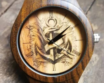 Orologio da pirata con ancora, orologio da pirata, orologio da ancora, orologio da nave, unisex, orologio da polso da uomo e da donna, orologio in legno, orologio personalizzato inciso