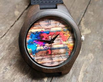 Reloj de mapa del mundo, Reloj de mapa vintage, Reloj de mapa del mundo vintage de color de agua, Reloj de pulsera unisex Reloj de madera, Regalo especial personalizado grabado