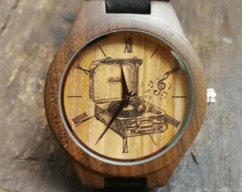 Reloj del tocadiscos, reloj de música, reloj de caja de música, unisex, reloj de pulsera para hombres y mujeres, reloj de madera, regalo de Navidad personalizado grabado