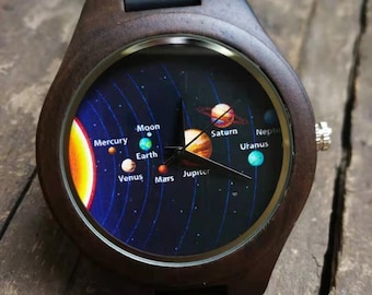 The Solar System, Eight Planets Watch, Unisex Men's and Women's Wrist Watch, Wooden Watch, Engraved Personalized Christmas, Birthday Gift