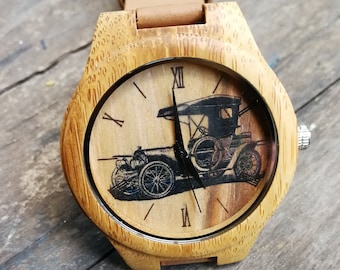 Vehículo clásico, Reloj de coche, Reloj de coche antiguo, Reloj de pulsera unisex para hombres, Reloj de madera, Regalo personalizado para el día del padre Cumpleaños de Navidad