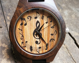 Music Watch, Music Notes Watch, Musician Watch, Unisex, Men's and Women's Watch, Wood Wooden Watch, Engraved Personalized Watch for birthday