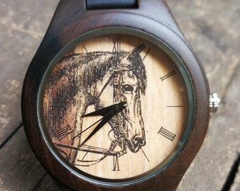 Horse Watch, Horse Lover Watch, Unisex, Men's & Women's Wrist Watch, Wooden Watch, Engraved Personalized Birthday Retirement Christmas Gift