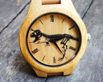Tyrannosaur Watch, Dinosaur Skeleton Watch, Wild Animal, Unisex Men's & Women's Wrist Watch, Wood, Wooden Watch, Personalized Christmas Gift
