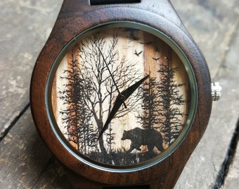 Bear Watch, Bear Forest Watch, Trees of Bear Watch, Instagram Style, Unisex Wrist Watch, Wooden Watch, Engraved Personalized Special Gift