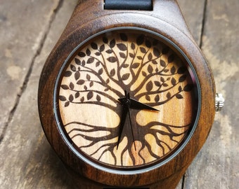 Tree of Life Watch, Tree Watch, Plant Watch, Unisex, Men's and Women's Wrist Watch, Wooden Watch, Engraved Personalized Gift for Birthdays