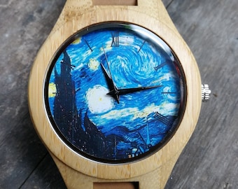 Pittura classica di Van Gogh, Ronda di notte stellata, Unisex, Orologio da uomo e da donna, Legno, Orologio in legno, Regalo di Natale e compleanno personalizzato