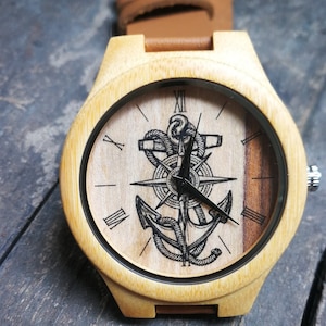 Pirate Anchor Watch, Anchor Watch, Compass Watch, Wooden Watch, Unisex, Men&#39;s & Women&#39;s Wrist Watch, Engraved Personalized Valentine&#39;s Gift