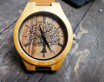 Tree of Life Watch, Tree Watch, Plant Watch, Unisex, Men's and Women's Wrist Watch, Wooden Watch, Engraved Personalized Father's Day Gift