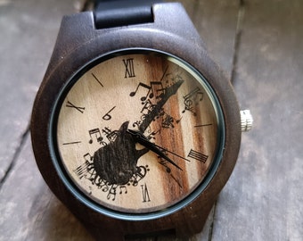 Musician Gift, Guitar Watch, Guitar Lover Watch, Unisex Wrist Watch, Wooden Watch, Engraved Personalized Christmas Anniversary&Birthday Gift