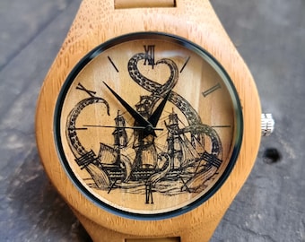 Octopus Sea Monster Watch, Boats Watch, Pirate Watch, Unisex, Men's & Women's Wrist Watch, Engraved Personalized Birthday and Christmas Gift