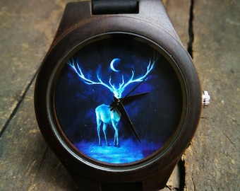 Stag Watch, Deer Watch, Wild Animal Watch, Moon Night Watch, Unisex, Men's and Women's Wrist Watch, Wooden Watch, Engraved Personalized Gift