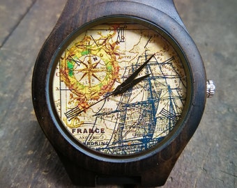 Orologio vintage Voyage Map, orologio Voyager Map, orologio da polso unisex da uomo e da donna, orologio in legno, regalo di anniversario di compleanno personalizzato inciso