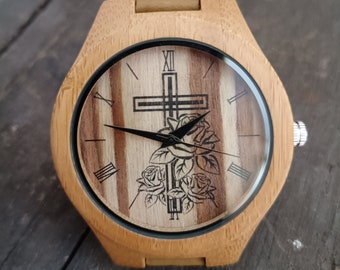 Christian Watch, Cross and Rose Watch, Cross Watch, Rose Watch, Unisex, Heren en Dames Polshorloge, Houten Horloge, Gegraveerd Gepersonaliseerd