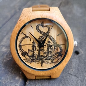 Octopus Sea Monster Watch, Boats Watch, Pirate Watch, Unisex, Men&#39;s & Women&#39;s Wrist Watch, Engraved Personalized Birthday and Christmas Gift