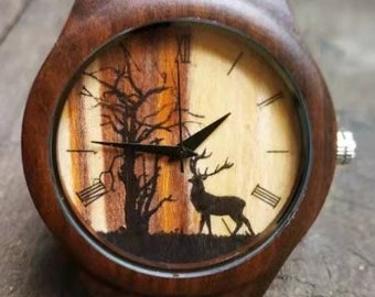 Stag Watch, Deer Watch, Wild Animal Watch, Frost Tree Watch, Unisex, Men's and Women's Wrist Watch, Wooden Watch, Engraved Personalized Gift