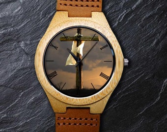 Christian Watch, Holy Cross, Cross Watch, Unisex, heren- en damespolshorloge, houten horloge, gegraveerd gepersonaliseerde kerst- /paascadeau