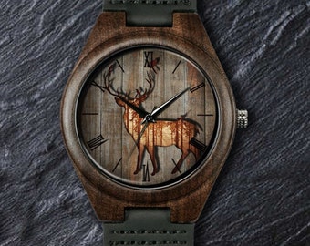 Stag Watch, Deer Watch, Wild Animal Watch, Moon Night Watch, Unisex, Men's and Women's Wrist Watch, Wooden Watch, Engraved Personalized Gift