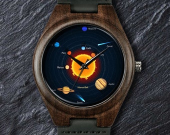 The Solar System, Eight Planets Watch, Unisex Men's and Women's Wrist Watch, Wooden Watch, Engraved Personalized Christmas, Birthday Gift